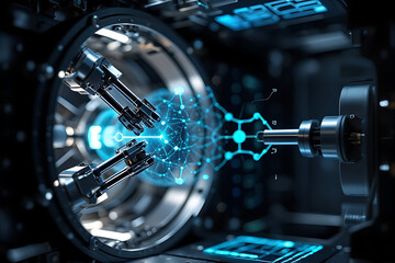 Poster - Futuristic advanced technology concept with glowing blue energy core and intricate mechanical components representing innovation and scientific progress in a dark high tech environment