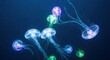 © O_studio - Glowing Jellyfish in Deep Blue Ocean Water, Colorful Bioluminescence Marine Life