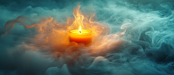 Wall Mural - Burning Candle in Teal Smoke  Mystical Atmosphere  Spiritual Light