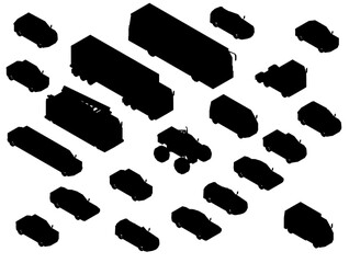 Poster - A low poly set of black car silhouettes arranged in a dynamic group on a clean white background. The minimalist design features geometric shapes and sharp angles. Isometric view