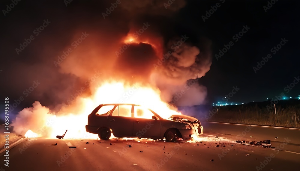 fire in the car and blast after the road accident at night, created ...