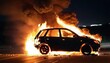 © PakistanGaming - fire in the car and blast after the road accident at night, created with generative ai