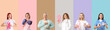 © Pixel-Shot - Collage of many women with pink ribbons on color background. Breast cancer awareness concept