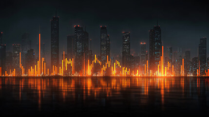 Wall Mural - futuristic digital market analysis with trading graphs displayed over a glowing cityscape view