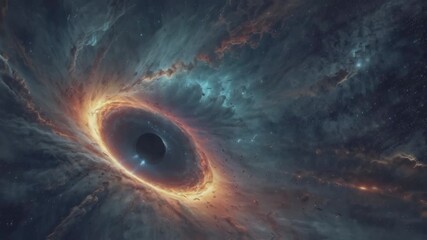 Wall Mural - A dramatic, high-quality simulation of a supermassive black hole in space. A black hole, appearing as a dark disk at the center, is surrounded by a very bright and colorful accretion disk.
