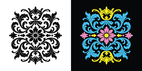 Poster - Ornate Floral Damask Pattern, Decorative Design, Black and Colorful Versions, Vector Illustration