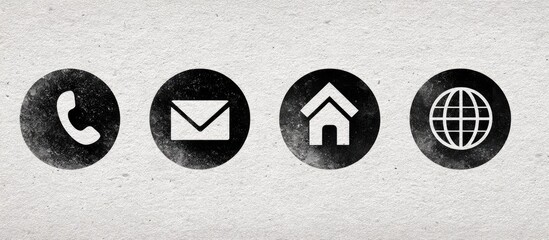 Contact icons, phone, email, home, and globe, on textured background