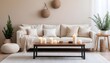 © PakistanGaming - Modern house interior details. Simple cozy beige living room interior with white sofa, decorative pillows, wooden table with candles and natural decorations, created with generative ai
