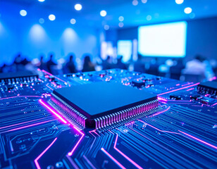 digital era: close-up shot of intricate computer circuit board, illuminated in cool neon lighting, s