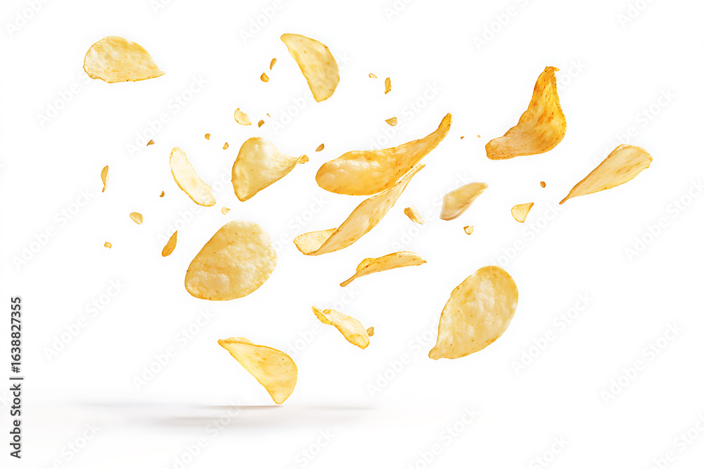 Patator Exploding Crispy potato chips exploding in mid air against a white background ...