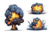 Cartoon explosion effects. Three variations of stylized explosions with smoke and flames
