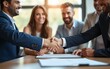 © fu - Latin bank worker man shaking hand with client, recruit female employee or business partner after signing a contract. Group of people satisfied with results of team work together. Banner, copy space