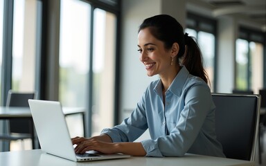 young professional it specialist latin hispanic business lady working on laptop pc sitting at desk i