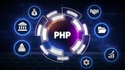 Php and associated technologies illustrative infographic on futuristic blue background