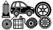 © Ameer - Vector illustration of a car, tires, a gas can, and a chevron patterned pillar in black and white style
