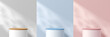 © Riseness - Set of 3D white, pink, blue cylinder pedestal or stand product podium with light and leaf shadow on the wall. Pastel minimalist scene collection. Vector rendering geometric forms for mockup display.