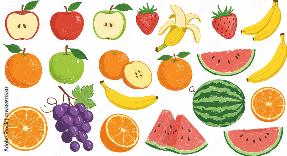 Assortment of various fresh and colorful fruits arranged on a white background.