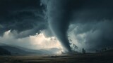 Tornado destroying a landscape, symbolizing the destructive force of nature and climate change.  Natural disaster, climate change, twister, destructive nature