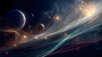 Cosmic scene with ethereal planets and flowing dark energy waves in alignment