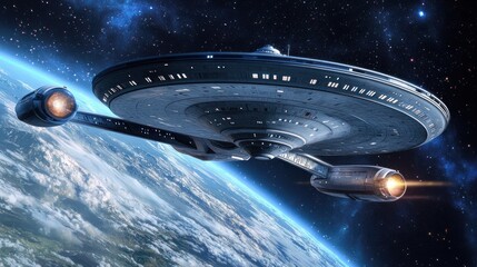 Wall Mural - A spaceship flying over a planet in space.