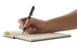 © Gina - Female hand holding pen writing on blank notebook isolated on white