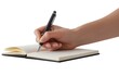 © Gina - Close-up hand writing in notebook with black pen on white background
