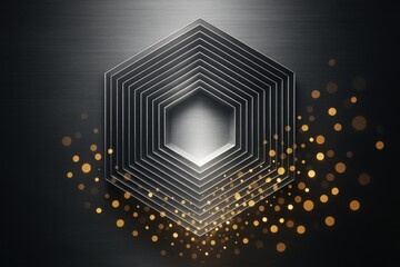 Wall Mural - abstract hexagonal metallic layers with glowing golden particles on dark brushed background, futuris