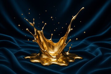 Wall Mural - abstract golden liquid splash forming dynamic shape against dark silky background with glowing refle