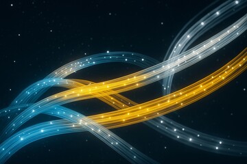 Wall Mural - abstract glowing light trails in blue, yellow, and white colors swirling across a dark starry backgr
