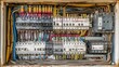 © Sampao - Detailed View of Electrical Circuit Breaker Box with Colorful Wires and Components for Home or Industrial Use