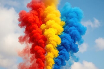 Wall Mural - A vibrant spectacle of colorful smoke billows against a backdrop of blue skies dotted with white clouds