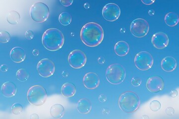 Wall Mural - A whimsical dance of bubbles in the azure sky, where each bubble is a burst of color against the backdrop of a serene blue canvas dotted with fluffy white clouds