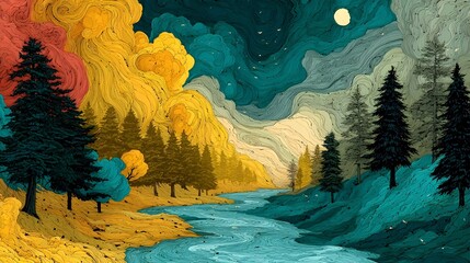 Wall Mural - A captivating and surreal landscape featuring a vibrant display of the northern lights with mountains forests and a tranquil stream reflecting the ethereal beauty of the night sky