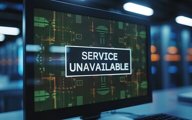 A computer monitor in a futuristic data center showing a Service Unavailable error message on the screen, symbolizing a system crash, network outage, or website downtime concept.