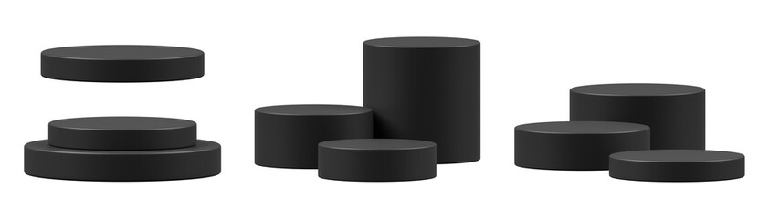 Black Podium Set 3D Isolated with Stand Stage Platform and Pedestal Display on Png Transparent Background