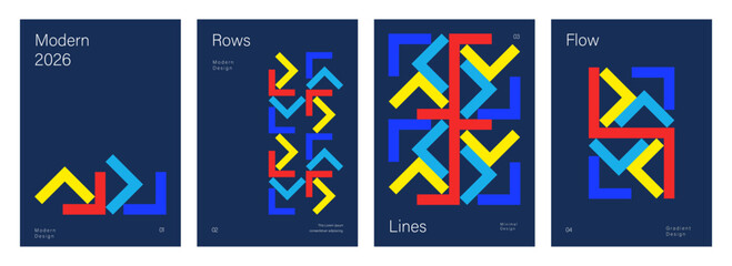 Poster - Dynamic Geometric Layouts Collection: Modern Arrow Designs for Creative Posters and Backgrounds on a Navy Backdrop, Set of Four Unique Graphic Compositions