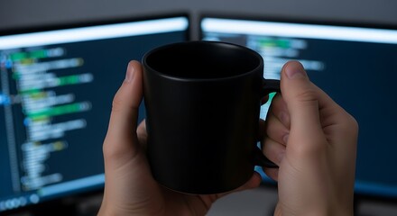 A programmer holds a black coffee mug while working in front of two computer monitors displaying code.