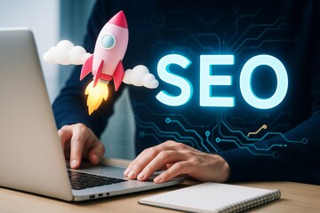 Wall Mural - seo optimization concept with rocket launch and glowing text above laptop, symbolizing digital growt