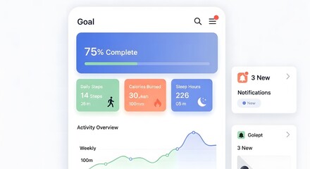 Modern mobile application interface showing a fitness tracker dashboard with goal progress, daily steps, calories burned, and sleep data analysis.