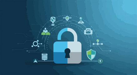 Shield cyber with digital lock on network. Shield cyber provides data encryption and password protection for network security cloud, securing digital information, providing cyber security.