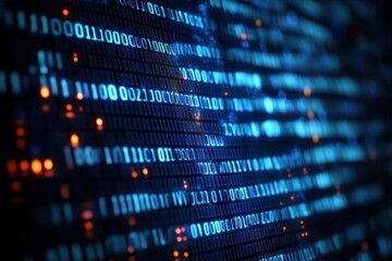 close-up view of glowing blue binary code with scattered orange highlights on a digital screen, crea