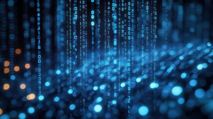 Abstract digital landscape with vertical binary code streams and glowing blue particles creating a futuristic, technological atmosphere