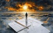 © oppo - A lone man in silhouette standing on architectural blueprints over a turbulent sea beneath a fiery sunset sky, evoking solitude and contemplation