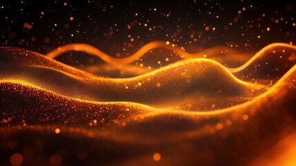 Glowing orange digital wave patterns with sparkling particles floating in dark background conveying dynamic energy and futuristic ambiance