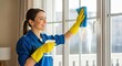 © PLATİNUM - Smiling woman cleaning a window, enjoying the process and keeping her house tidy and fresh.