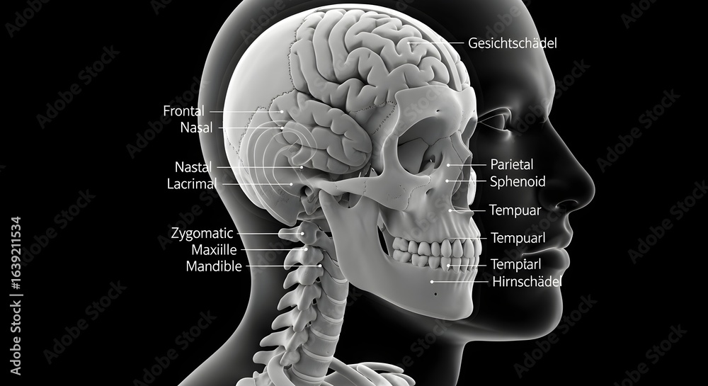 Human Skull and Brain Anatomy: 3D Model with Labeled Bones and Cranial ...