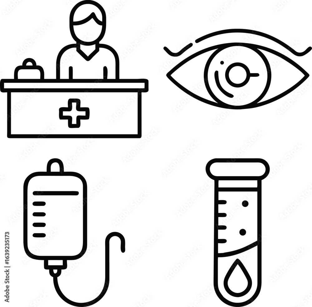 Four simple line art icons depict a doctor at a desk, an eye, an IV ...