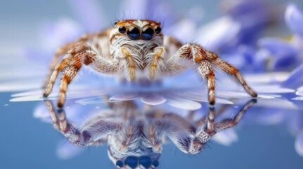Wall Mural - A close-up of a jumping spider on a flower petal, its eyes reflecting the camera lens and sky