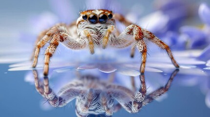 Wall Mural - A close-up of a jumping spider on a flower petal, its eyes reflecting the camera lens and sky