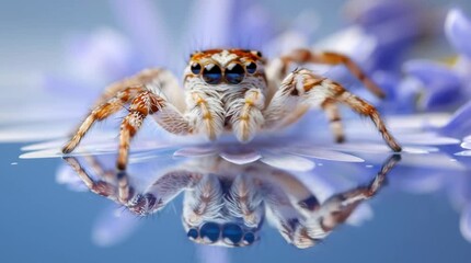 Wall Mural - A close-up of a jumping spider on a flower petal, its eyes reflecting the camera lens and sky